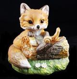 Fox Figurine - Red Fox Kit Beside Log (Homco)