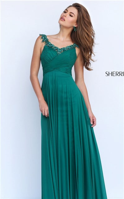 2016 Emerald V-Neck Backless Beaded Long Evening Dress Sherri Hill 50093