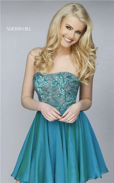 2015 Mini Peacock Strapless Beaded Homecoming Dress By Sherri Hill 1954