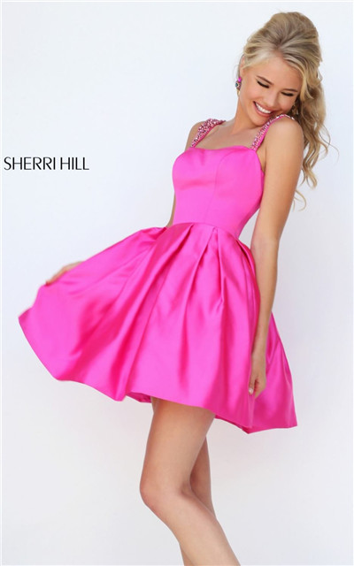 Sherri Hill 50323 Beaded Pleated V-Back Fuchsia Homecoming Dress 2016