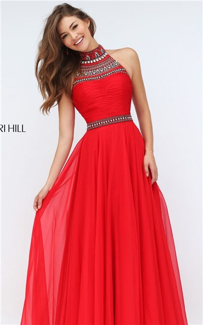 Picture of Ruching Long Red Prom Dresses 2016 Halter Jeweled Open Back ...