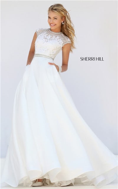 2016 Beaded Sherri Hill 32363 Open Back Cheap Long Ivory Evening Dress