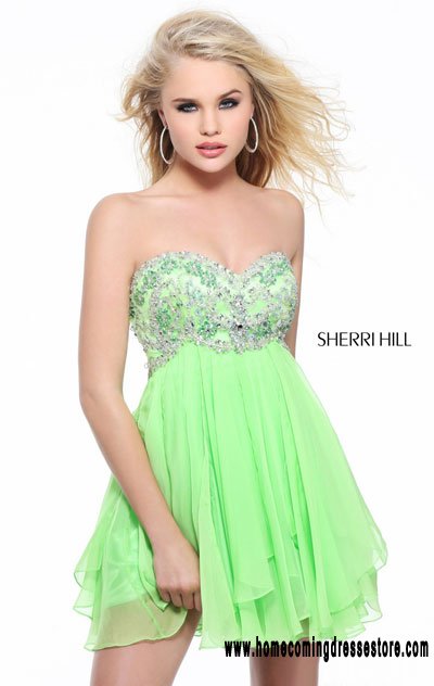 Cheap Sherri Hill 3868 Beaded Strapless Green Chiffon A-line Mini Party Dress Cheap Sherri Hill 3868 Beaded Strapless Green Chiffon A-line Mini Party Dress