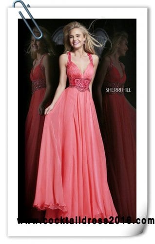 Coral Sherri Hill 11102 V-Neck Beaded Crisscross Chiffon Outlet Prom Dress Long