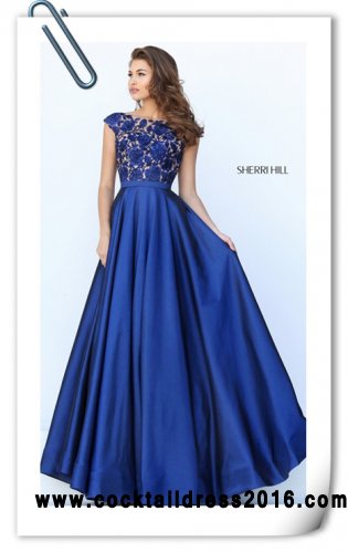 2016 Navy Sherri Hill 50346 Beading V-Back Floral Appliques Prom Dresses