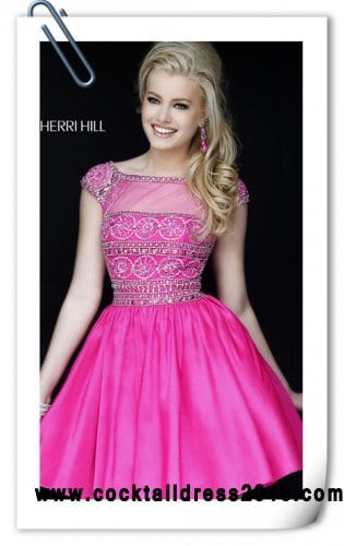 Sherri Hill 32267 Jeweled Cap Sleeves Fuchsia Homecoming Dress 2016