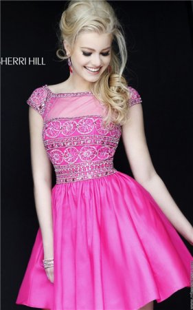 2016 Cocktail Dress Short Fuchsia Keyhole Beaded Sleeved Sherri Hill 32267