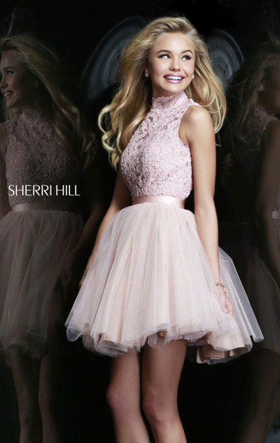 Blush Sherri Hill 21345 Lace Open-Back Tulle Short Bodice Cocktail Dress 2015 Sale