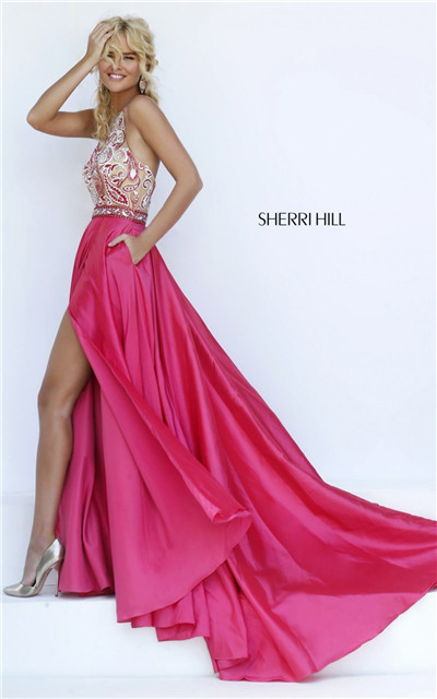 2016 Cheap Sherri Hill 50076 Halter Beaded Appliques Backless Slit Homecoming Gown