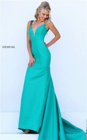 Sherri Hill 50331 Emerald V-Neck Beaded Straps Open Back Evening Dress 2016