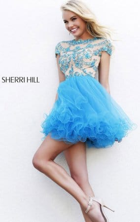 High Neck Sherri Hill 21304 Jeweled Open Back A-Line Lace Cocktail Dress