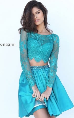 Beaded 2016 Long Sleeved Sherri Hill 50556 Teal Two Piece Homecoming Dresses