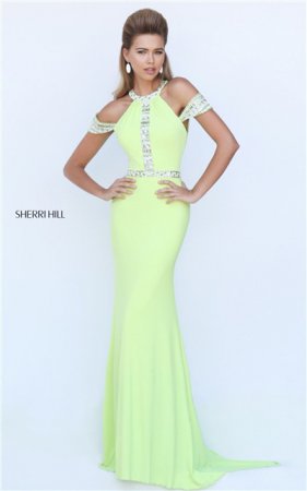 2016 Lime Halter Straps Open Back Beaded Slim Prom Dress Sherri Hill 50341