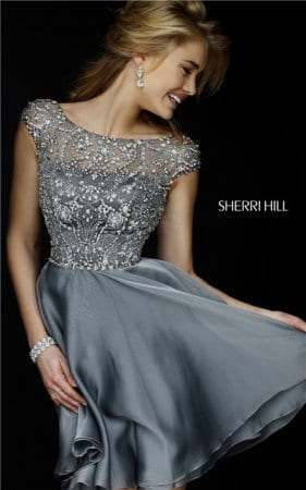 Sherri Hill 32320 Gunmetal Jeweled Sleeved Mini Cheap Cocktail Dress 2016