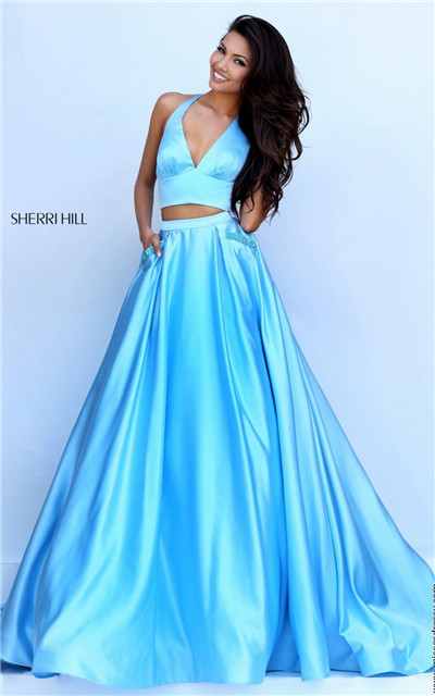 2017 Blue Halter Open Back Two-Piece Evening Dress By Sherri Hill 50053