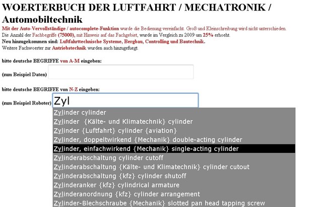 mit Autocomplete-Funktion: 74000 Woerterbuch-Fachausdruecke aus Mechatronik, Bergbau, Controlling, Luftfahrt und Bautechnik