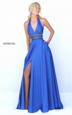 Sherri Hill 50190 Royal Halter Beaded Slit Open Back Long Prom Dresses 2016