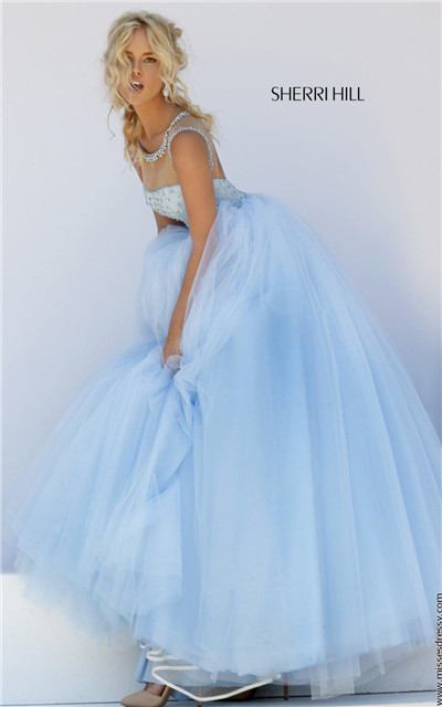 2017 Glamorous Sherri Hill 50008 Long Low Back Blue Stone Prom Dress Gorgeous