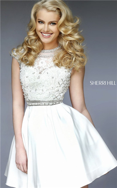 Beaded Sherri Hill 32317 Open Back Lace Ivory Appliques Short Evening Dress