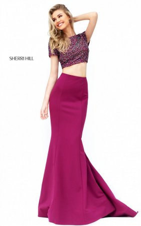 Cheap Two Piece V-Back Rasberry Beaded Mermaid Gown By Sherri Hill 50614