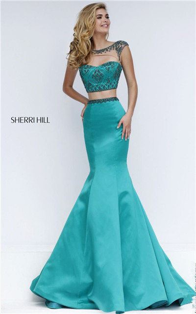 Cheap Emerald Beaded Two Piece Mermaid Prom Dress by Sherri Hill 32364