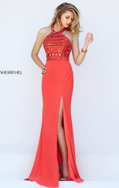 Sherri Hill 50338 Open Back Coral Beaded Embellishments Halter Neckline Long Slit Prom Dresses 2016