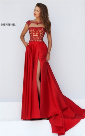 2017 Long Sherri Hill 50124 A-Line Beaded Slit Red Prom Dress