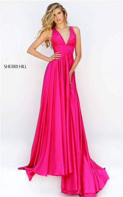 Spring 2017 Sherri Hill 50313 V-Neck Empire Cheap Fuchsia Evening Gown Long