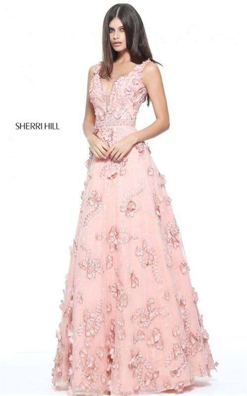 2017 Beads Plunged Sherri Hill 51111 Blush Prom Dress With Floral Appliques