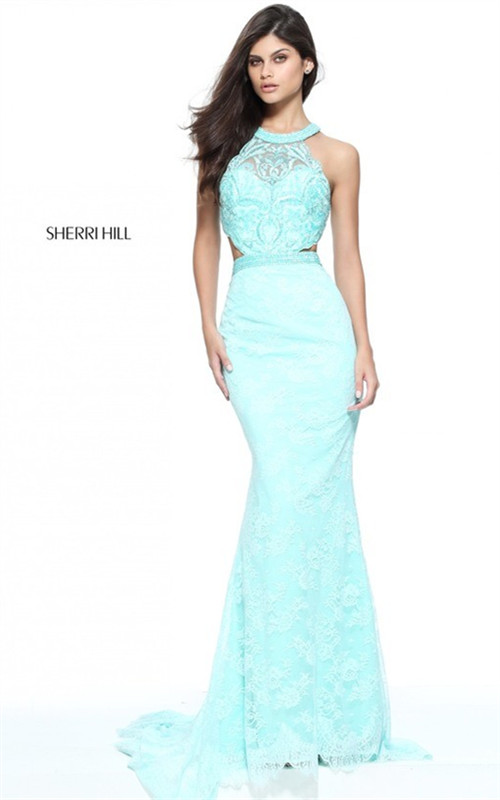 2017 Embellished Sherri Hill 51095 Halter Cutout Slim Aqua Lace Evening Gown