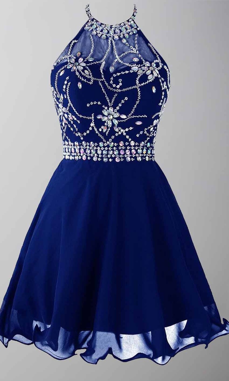 Short Blue Prom Dresses Jeweled Sheer Halter KSP439