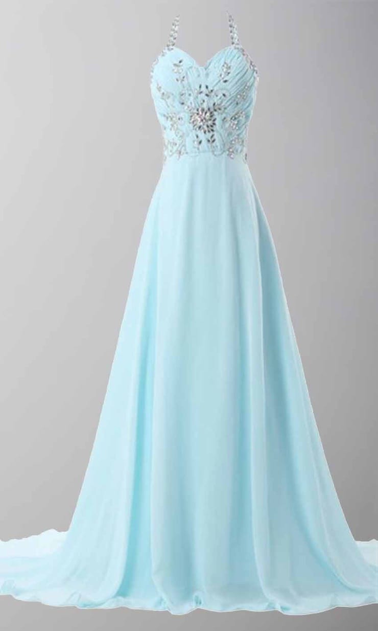 Sky Blue Halter Long Prom Dresses Lace Up Back KSP447