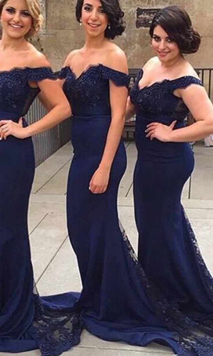 Black Applique Off Shoulder Long Bridesmaid Dresses KSP444