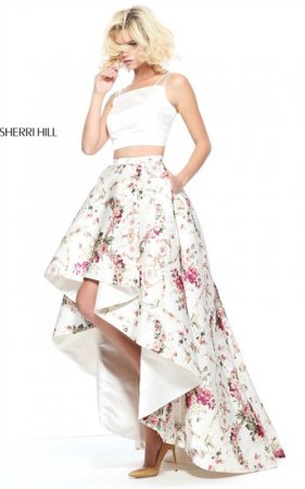 2017 Multi Printed 51205 Sherri Hill Ivory Floral 2 PC Cute Hi-Low Prom Dress