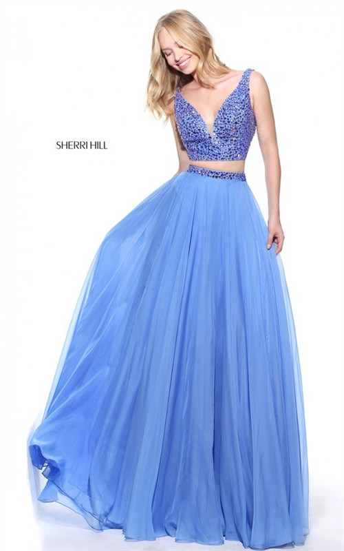 2017 Periwinkle Crystals Sherri Hill 51008 Plunged Long 2 PC Prom Dress