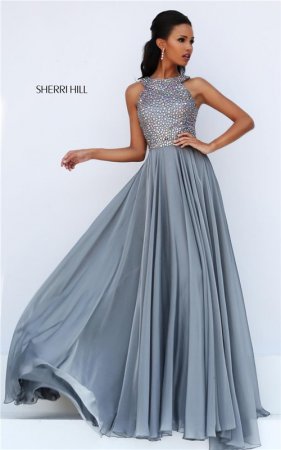 Haltered Sherri Hill 50615 Beaded Gunmetal A-Line Long Prom Dress 2017