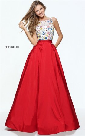 2017 Sherri Hill 51037 V-Back Red Embroidered A-Line Long Prom Dress