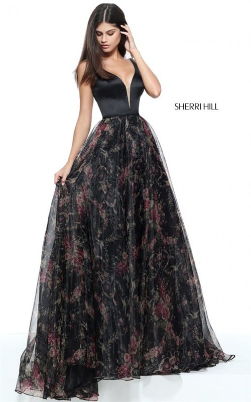 2017 Sherri Hill 51165 Black Floral Cutout Print Layered Long Dress A-line Skirt