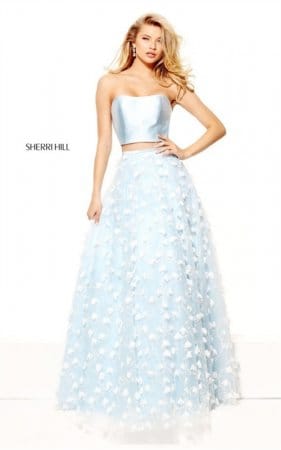 3D Floral Appliqued Strapless Light Blue 2 Piece Long Dress By Sherri Hill 50901