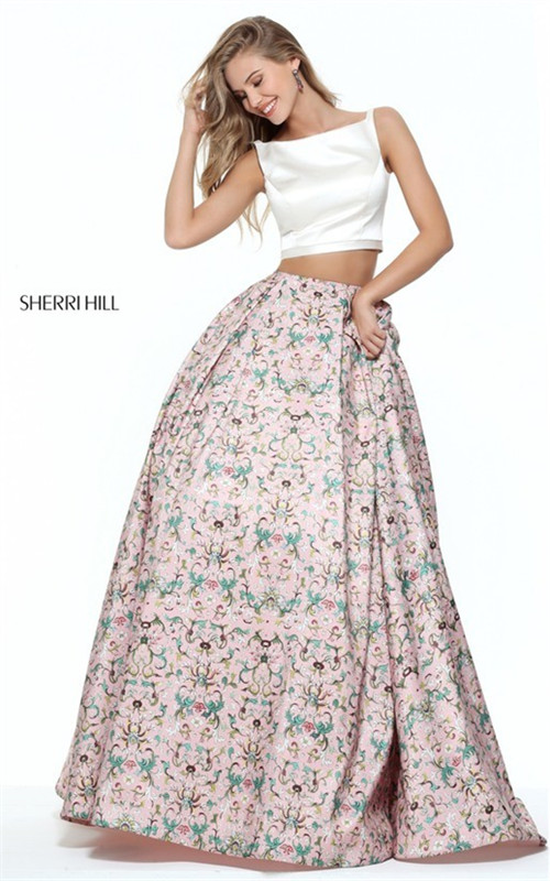 2017 Two Piece Sherri Hill 51123 Floral Ivory/Pink Long Evening Gown Outlet