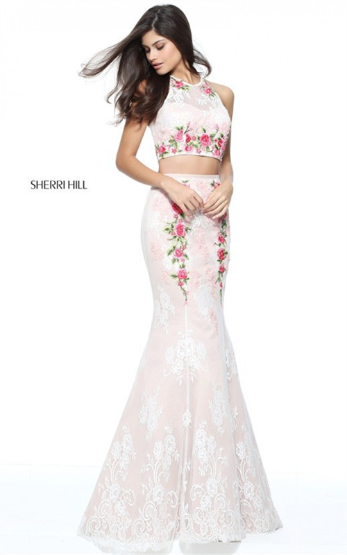 2017 Sherri Hill 51084 Floral Embroidered Halter 2 Piece Mermaid Gown Outlet