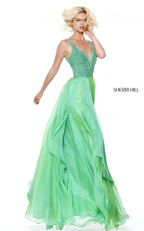 Cheap Green Sherri Hill 50801 V-Neck Rhinestones A-line Evening Dress 2017