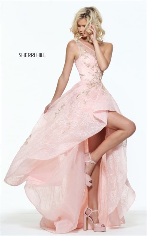 Appliqued Sherri Hill Hi-Low 50968 One Shoulder Gown In Light Pink Color