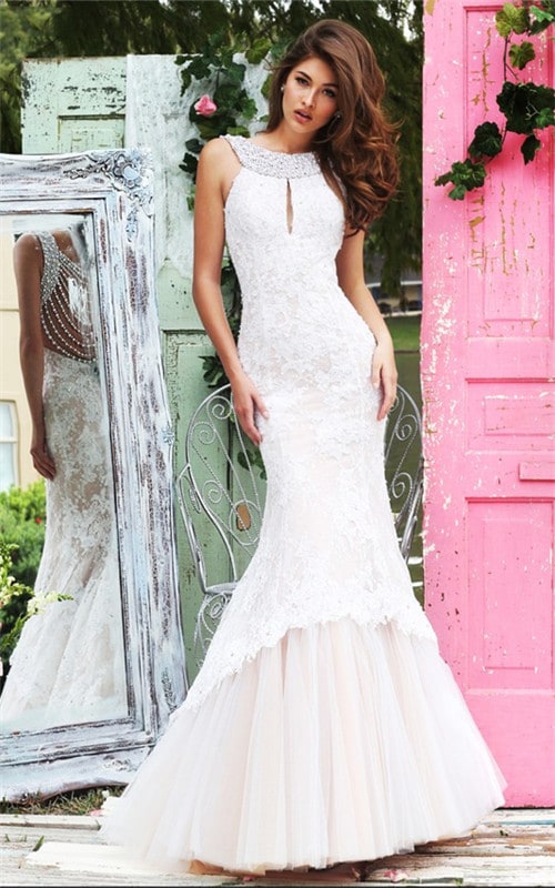 Jeweled Sherri Hill 50112 Ivory Appliqued Layers Fitted Mermaid Gown Long