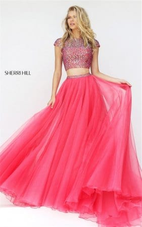Coral Tulle Jeweled Sherri Hill 50561 Open Back 2-Piece Style Long Dress