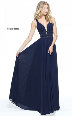 Square Sherri Hill 51183 Navy Beaded V-Neck Ruched Long Evening Dress