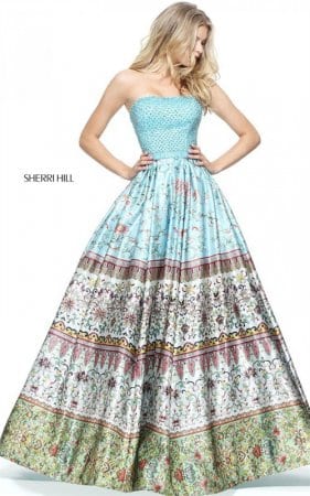 2017 Amazing Strapless Beading Blue Floral Print Gown By Sherri Hill 51246