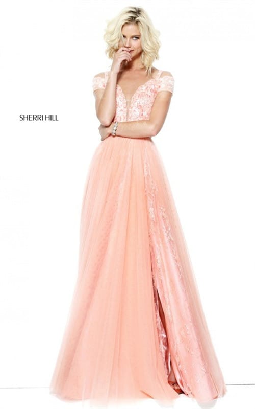 2017 Prom Floral Sherri Hill 50874 Embroidered Peach Slit Long Dress