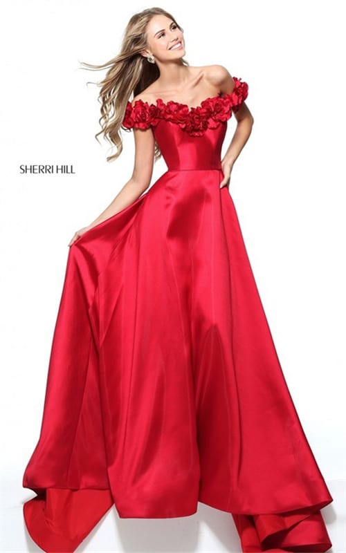 2017 Sherri Hill 51030 Off Shoulder Red Flower Ruffled Long Evening Dress