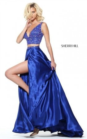 2017 Sherri Hill 50993 V-Neck 2-Piece Royal Crystals Slit Prom Dresses Long